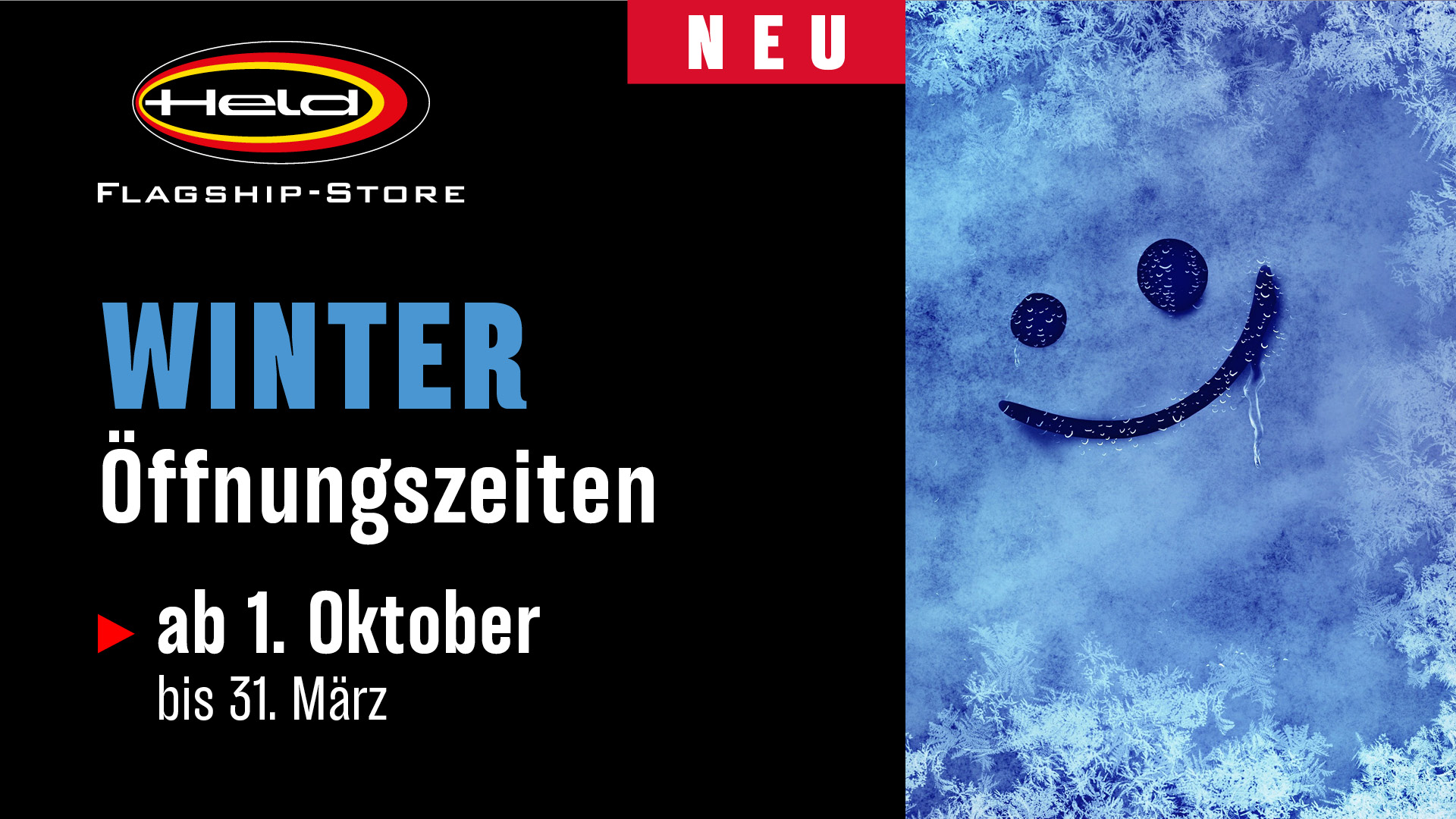 Hinweis auf neue Winteröffnungszeiten im Flagship-Store, gültig ab 1.10.2024. Dienstag bis Samstag von 10 - 18 Uhr, Montag geschlossen.